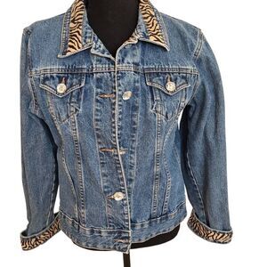 Womens Denim Cotton Zebra Trim Crystal Button Front Jean Jacket Blue Size Large